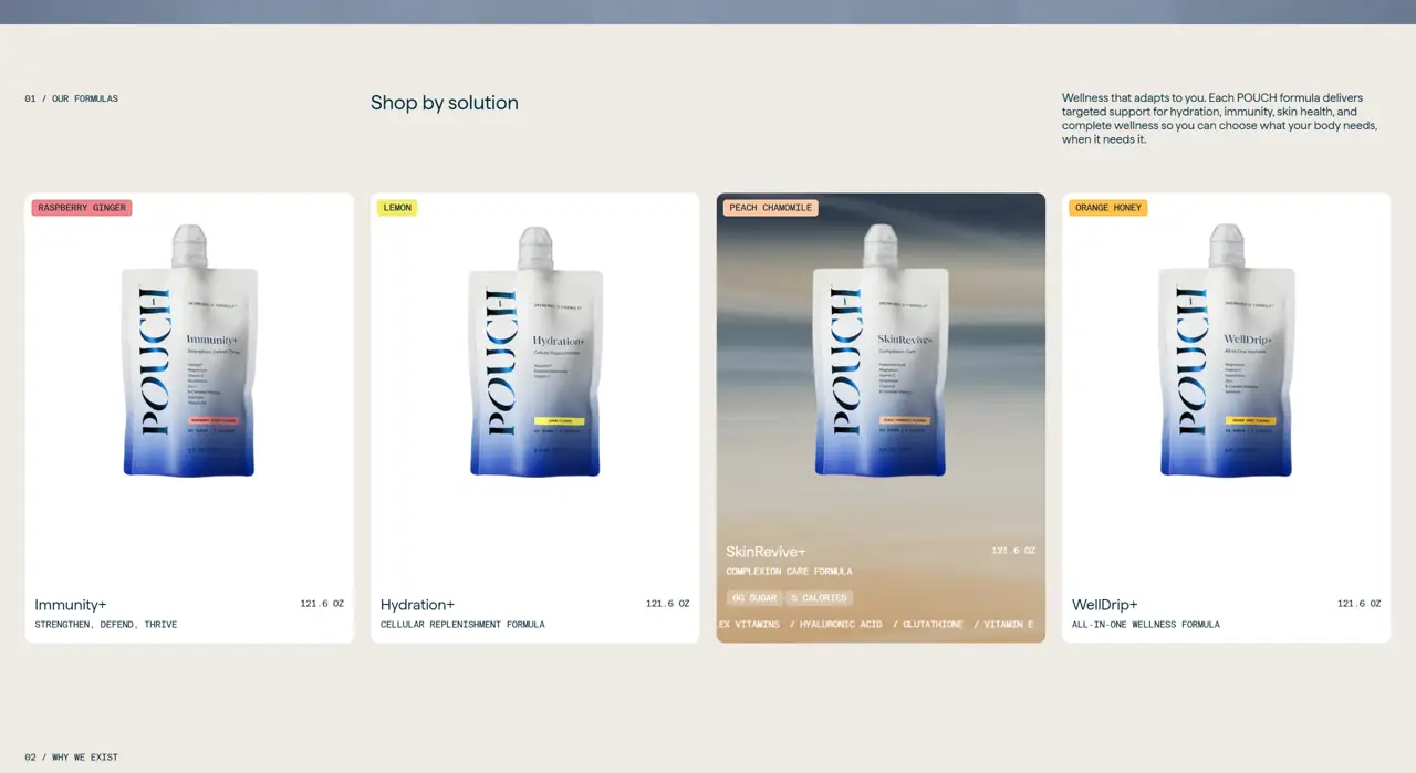 Секция «Товары» с сайта https://drinkpouch.com/, тематика — Еда и напитки, цвета — Белый, Серый, стиль — Карточный, Минимализм, типографика — Без засечек