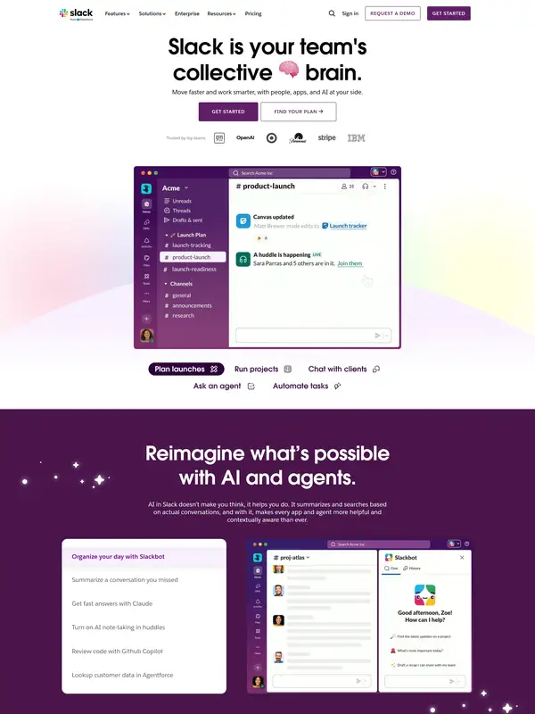 Лендинг Slack, тематика — SaaS, цвета — Белый, Черный, Серый, стиль — Корпоративный, Минимализм, типографика — Без засечек