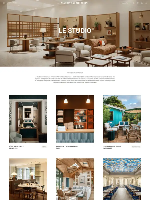Портфолио Maison Sarah Lavoine, тематика — Интернет-магазин, Дизайн, цвета — Белый, Серый, Коричневый, стиль — Классический, Минимализм, типографика — Без засечек