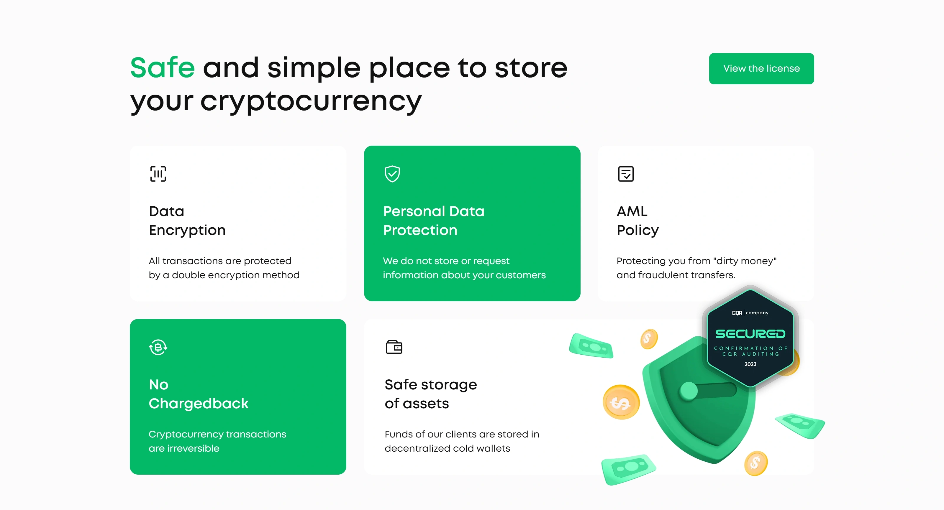 Zion Секция «Преимущества» с сайта https://zionpayment.com/, тематика — Крипто и блокчейн, цвета — Белый, Серый, Зеленый, стиль — Карточный, Минимализм, типографика — Без засечек