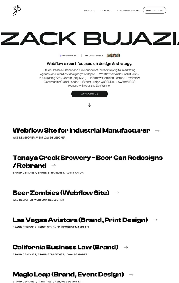 Лендинг Zack Bujazia, тематика — Дизайн, Бизнес и профессиональные услуги, цвета — Белый, стиль — Минимализм, Типографика, типографика — Без засечек