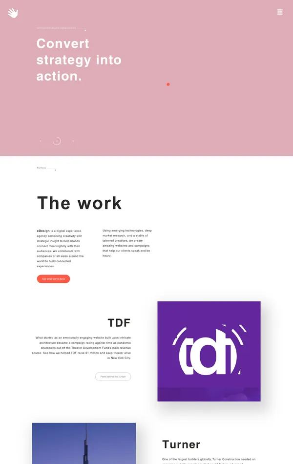 Главная eDesign Interactive, тематика — Агентство , цвета — Белый, Розовый, стиль — Корпоративный, типографика — Без засечек