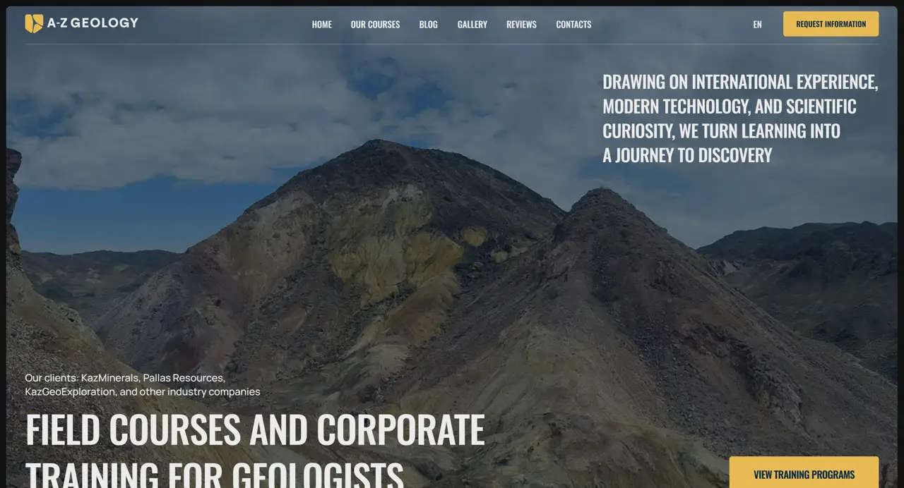 Секция «Первый экран» с сайта https://en.azgeology.kz/, тематика — Образование, цвета — Черный, Серый, стиль — Корпоративный, Органический и природный, типографика — Без засечек