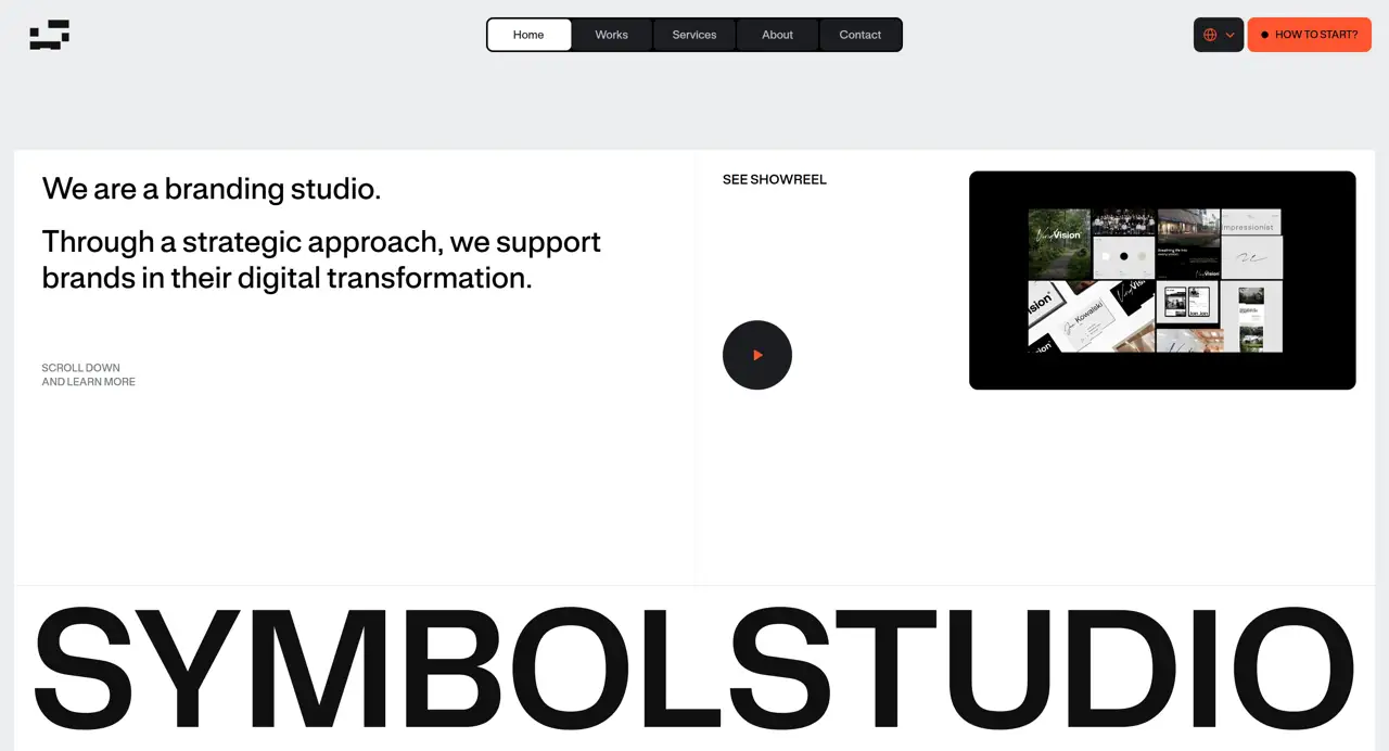 Секция «Первый экран» с сайта https://www.symbolstudio.pl/en/, тематика — Дизайн, цвета — Белый, Черный, Серый, стиль — Корпоративный, Минимализм, типографика — Без засечек
