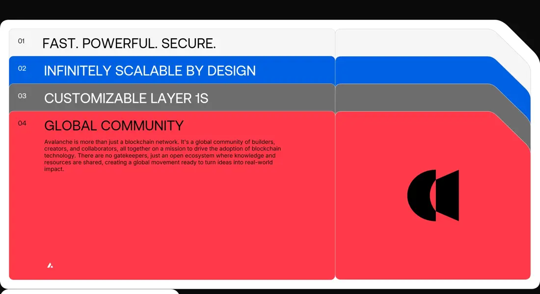 Секция «О компании» с сайта https://www.avax.network/, тематика — Крипто  и блокчейн, цвета — Белый, Серый, Красный, стиль — Минимализм, типографика — Без засечек