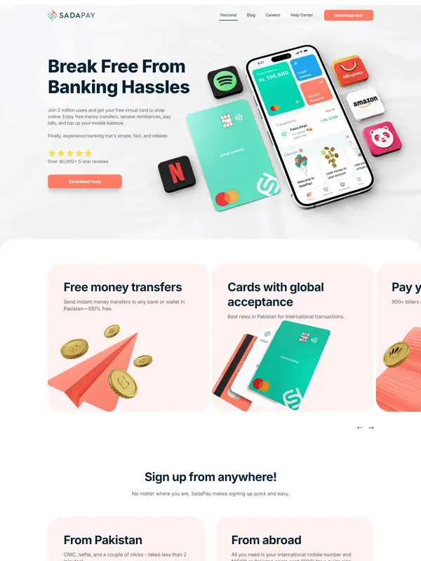 Главная SadaPay, тематика — Финансы, цвета — Белый, Розовый, стиль — Плоский, Карточный, типографика — Без засечек, Декоративные