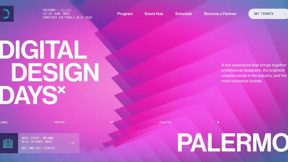 Секция «Первый экран» с сайта https://palermo.ddd.live/, тематика — Мероприятия, цвета — Розовый, Фиолетовый, стиль — Фестивальный, типографика — Без засечек