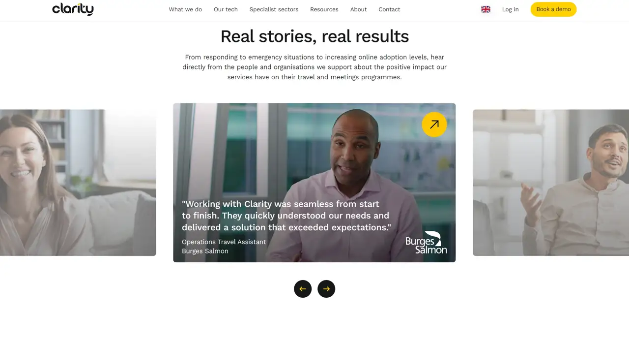 Секция «Отзывы» с сайта https://www.claritybusinesstravel.com/, тематика — Путешествия и туризм, цвета — Белый, Серый, стиль — Корпоративный, Минимализм, типографика — Без засечек