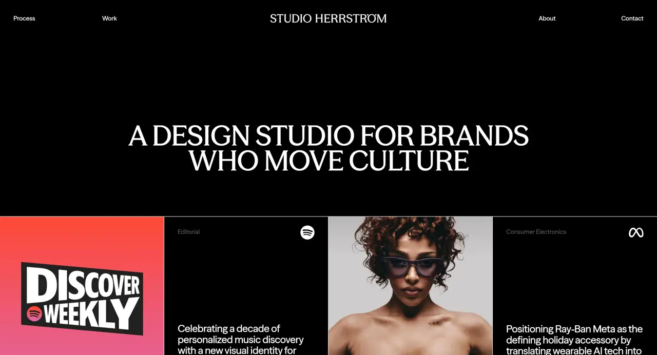 Секция «Первый экран» с сайта https://www.studioherrstrom.com/, тематика — Дизайн, цвета — Черный, Серый, стиль — Минимализм, типографика — С засечками, Без засечек