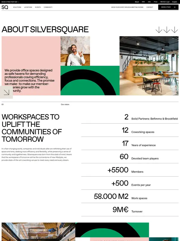 Страница о компании Silversquare, тематика — Комьюнити, цвета — Белый, Серый, стиль — Минимализм, Брутализм, типографика — Без засечек