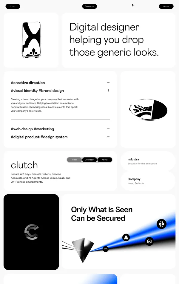 Портфолио Volodymyr Gruev, тематика — Дизайн, IT и программное обеспечение, цвета — Белый, стиль — Корпоративный, Минимализм, Полигональный, типографика — Без засечек