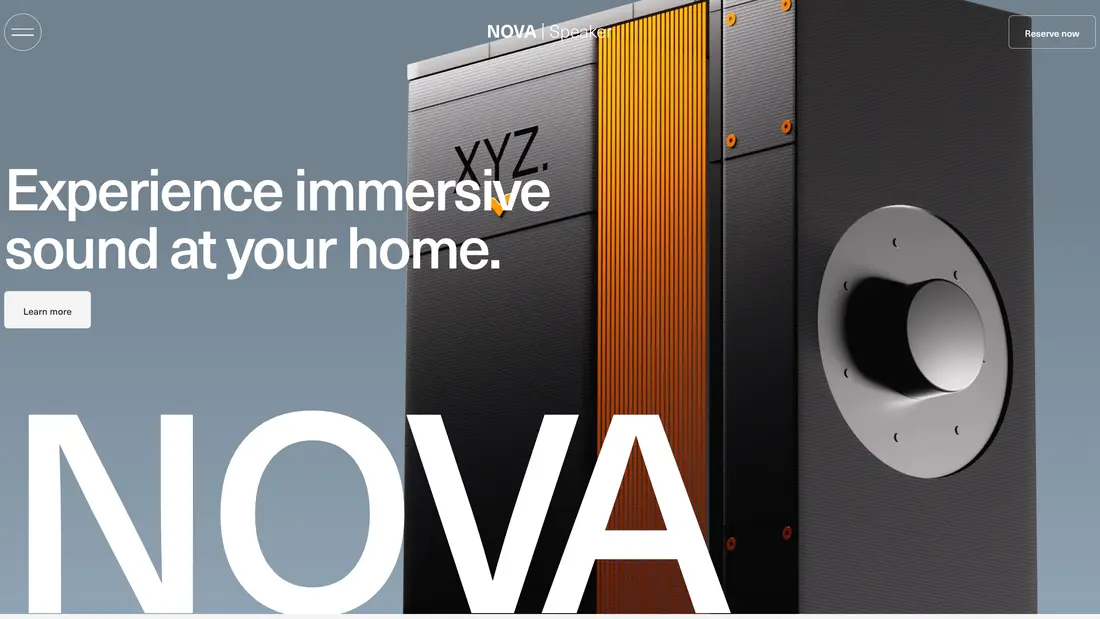 Секция «Первый экран» с сайта https://nova-speaker.webflow.io/, тематика — Продукт, цвета — Белый, Черный, Серый, стиль — Минимализм, Полигональный, типографика — Без засечек