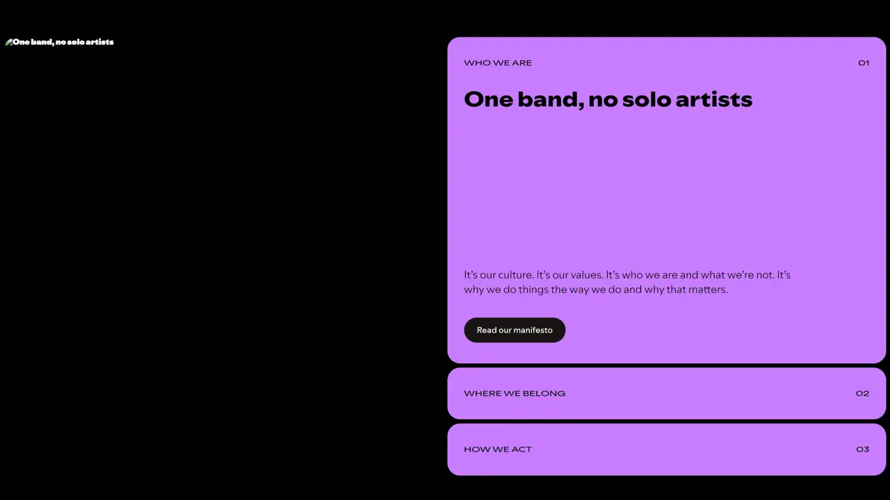 Секция «О компании» с сайта https://www.lifeatspotify.com/, тематика — Музыка, цвета — Черный, Розовый, стиль — Карточный, Минимализм, типографика — Без засечек, Декоративные