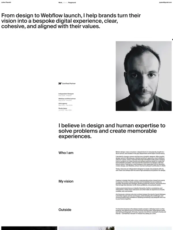 Портфолио Julien Pianetti, тематика — Дизайн, цвета — Белый, Серый, стиль — Корпоративный, Минимализм, типографика — Без засечек