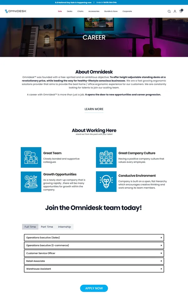 Страница карьеры Omnidesk, тематика — Интернет-магазин, Продукт, цвета — Белый, Черный, стиль — Корпоративный, типографика — Без засечек