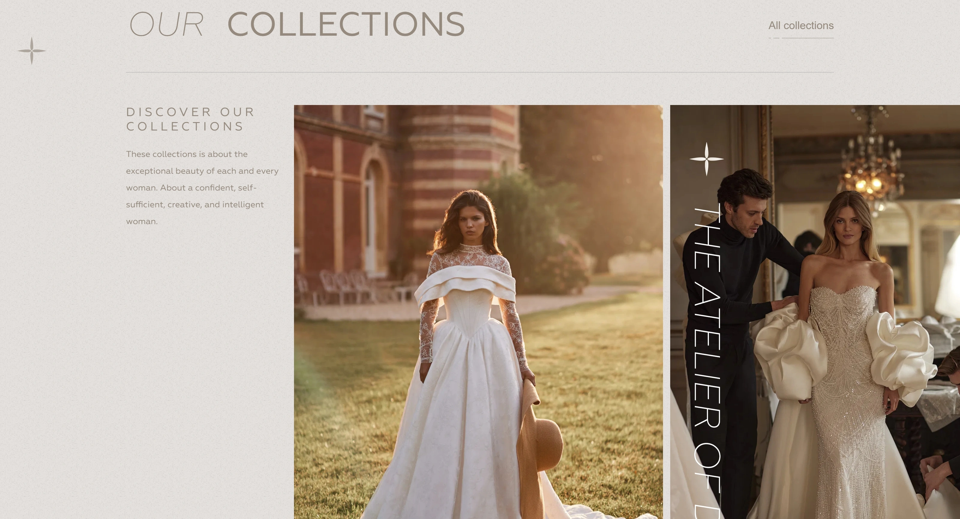 LuceSposa Секция «Товары» с сайта https://lucesposa.com/en, тематика — Интернет-магазин, цвета — Белый, Серый, Коричневый, стиль — Классический, Минимализм, типографика — Без засечек
