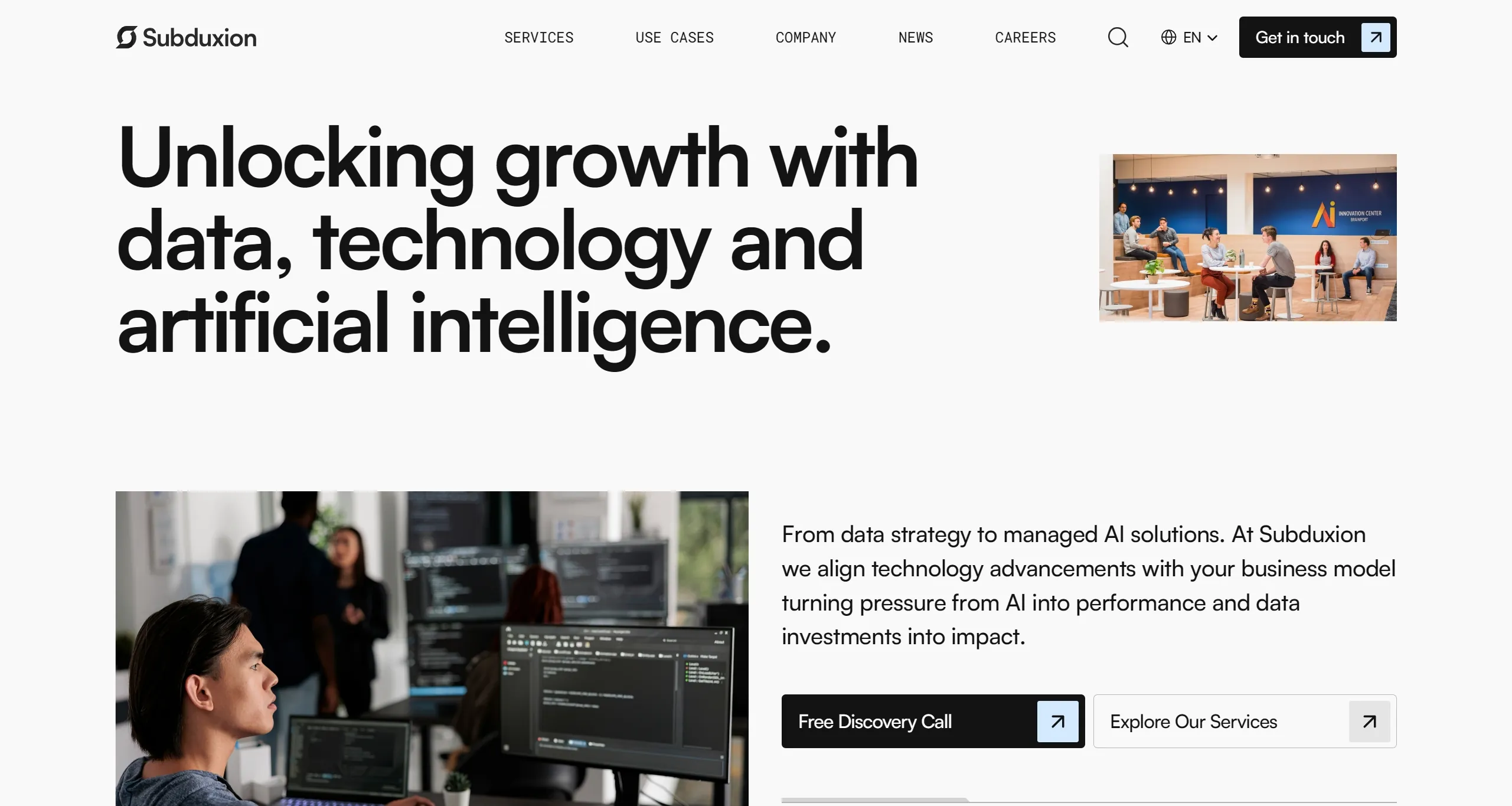 Subduxion Секция «Призыв к действию» с сайта https://subduxion.com/, тематика — IT и программное обеспечение, цвета — Белый, Черный, Серый, стиль — Корпоративный, Минимализм, типографика — Без засечек