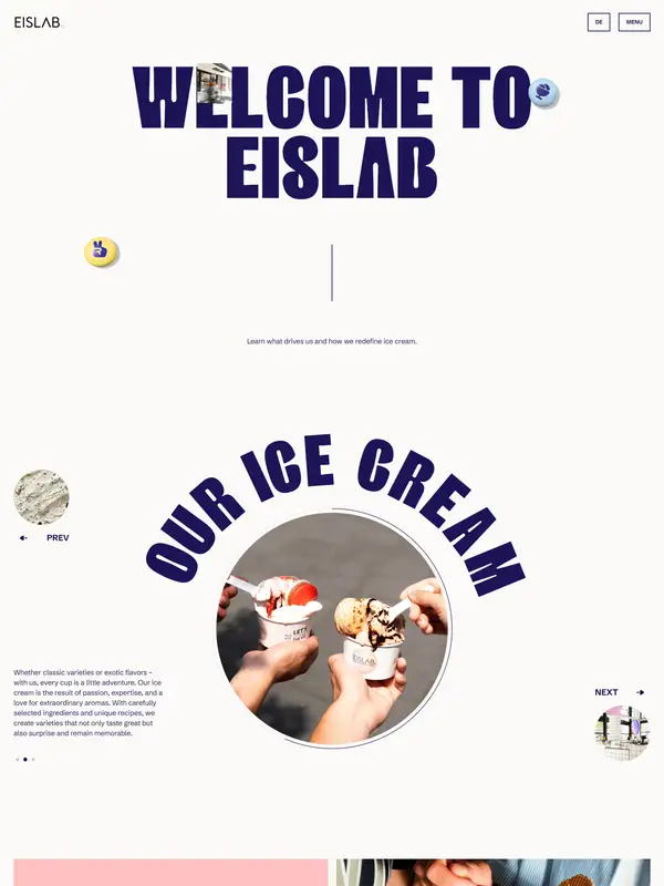 Главная Eislab, тематика — Еда и напитки, цвета — Белый, Серый, стиль — Минимализм, Брутализм, типографика — Без засечек, Декоративные