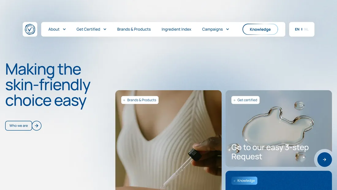 Секция «Первый экран» с сайта https://allergycertified.com/, тематика — Здоровье и фитнес, Красота, цвета — Белый, Серый, стиль — Корпоративный, Минимализм, типографика — Без засечек