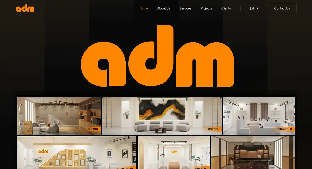 Секция «Первый экран» с сайта https://www.admdesign.com.sg/, тематика — Дизайн, цвета — Белый, Черный, Серый, стиль — Корпоративный, Минимализм, типографика — Без засечек