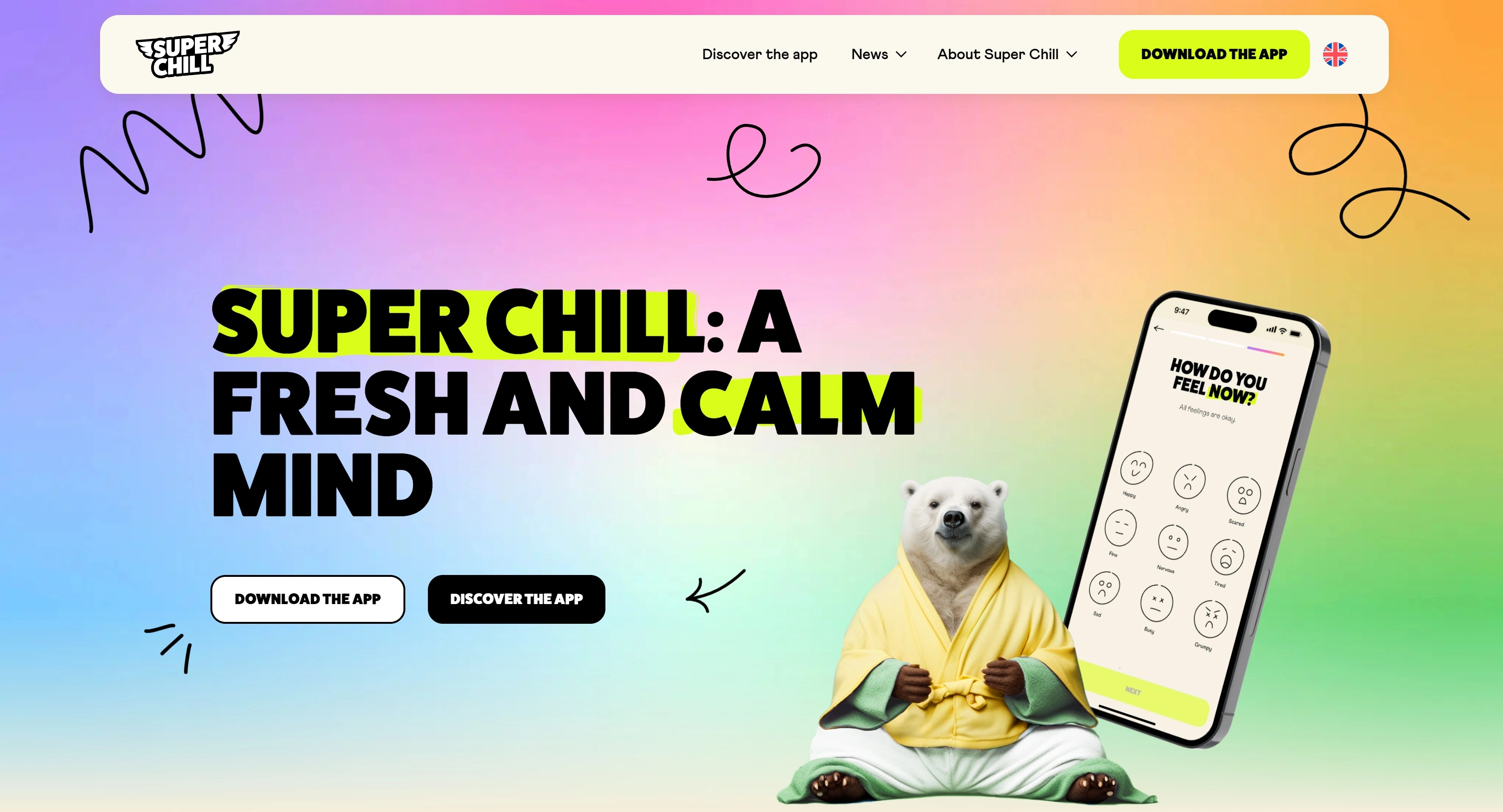 Super Chill Секция «Первый экран» с сайта https://superchill.org/en/, тематика — Образование, цвета — Белый, Серый, Желтый, стиль — Анимационный, типографика — Без засечек, Декоративные