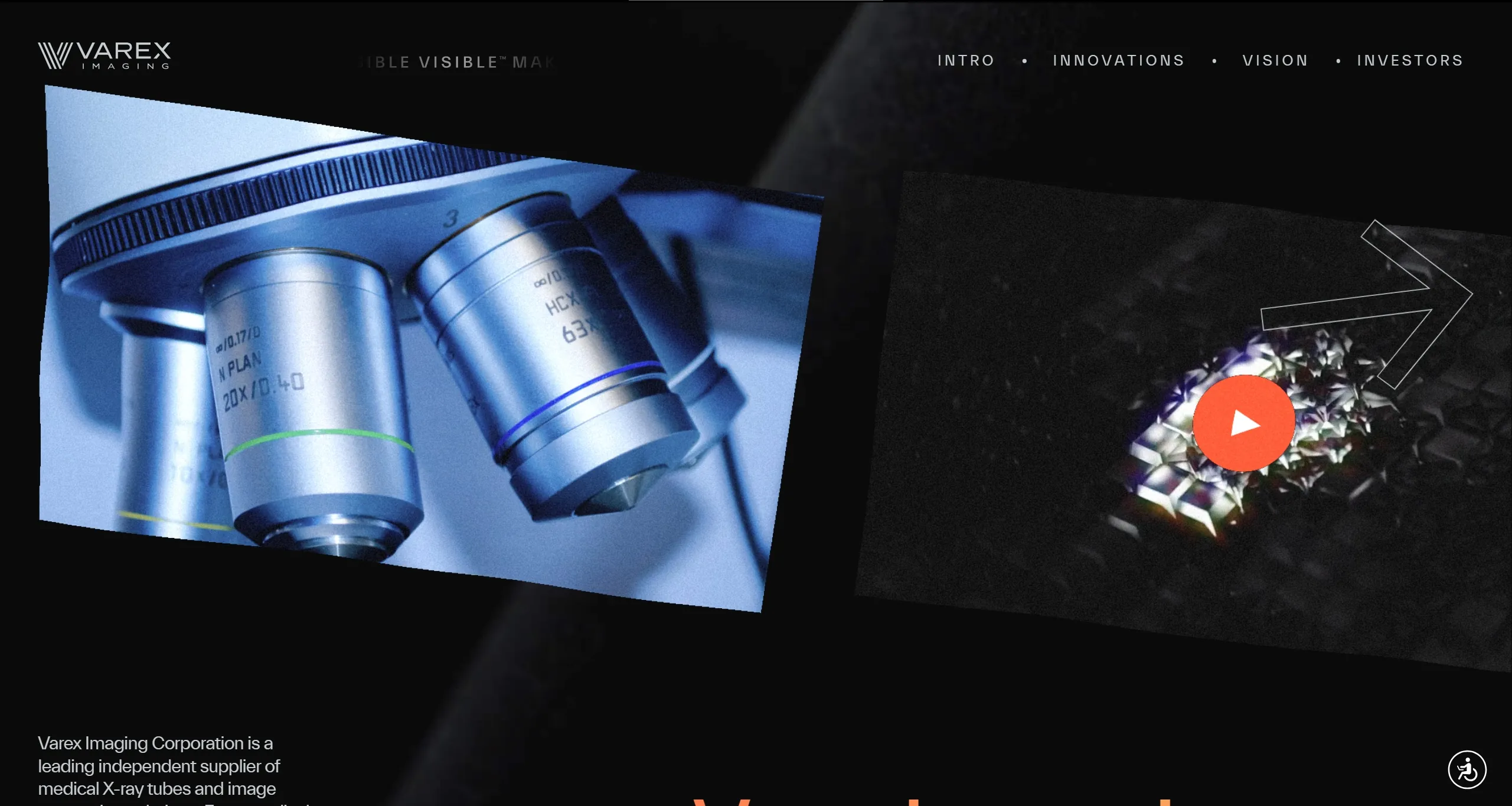 Varex Imaging Секция «Первый экран» с сайта https://innovations.vareximaging.com/, тематика — Здоровье и фитнес, цвета — Черный, Серый, стиль — Корпоративный, типографика — Без засечек