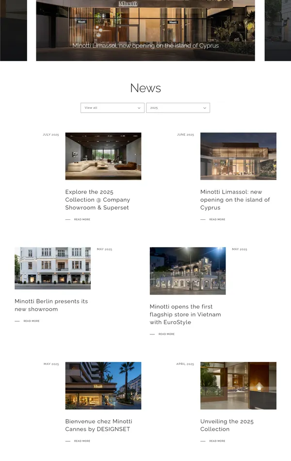 Новости Minotti, тематика — Дизайн, цвета — Белый, Черный, Серый, стиль — Корпоративный, Минимализм, типографика — Без засечек
