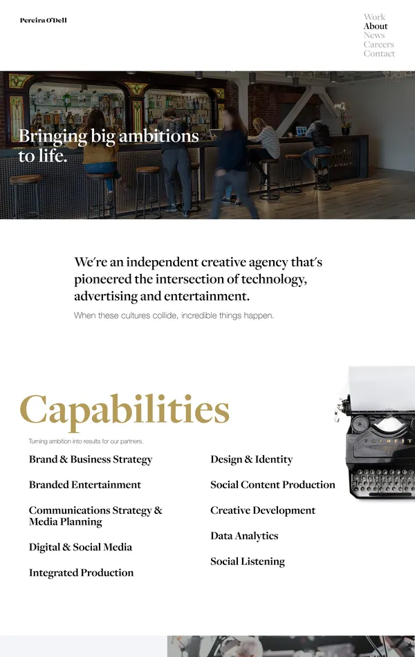 Страница о компании Pereira O'Dell, тематика — Агентство , цвета — Белый, Черный, Серый, стиль — Корпоративный, Минимализм, типографика — Без засечек