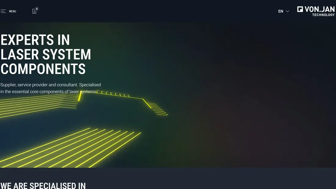 Секция «Первый экран» с сайта https://www.vonjan-tech.de/en, тематика — IT и программное обеспечение, цвета — Черный, стиль — Корпоративный, Полигональный, типографика — Без засечек