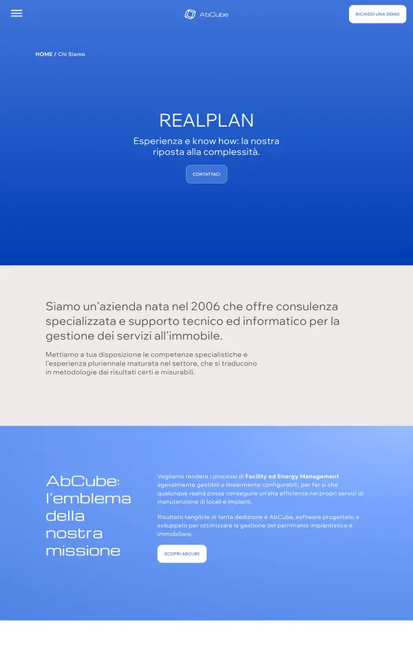 Страница о компании AbCube, тематика — Бизнес и профессиональные услуги, цвета — Белый, Синий, стиль — Корпоративный, типографика — Без засечек