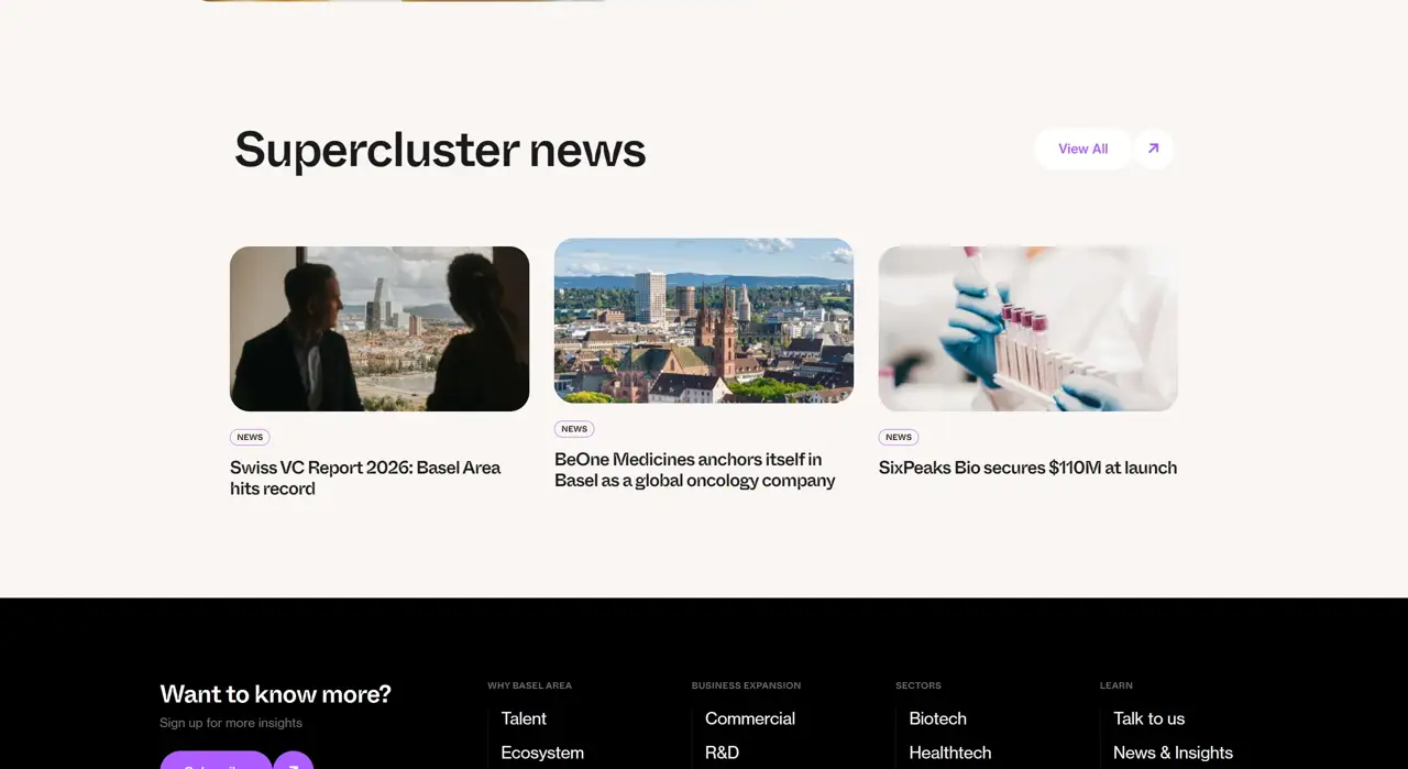 Секция «Новости» с сайта https://baselsupercluster.com/, тематика — Другое, цвета — Белый, Черный, стиль — Корпоративный, Карточный, Минимализм, типографика — Без засечек