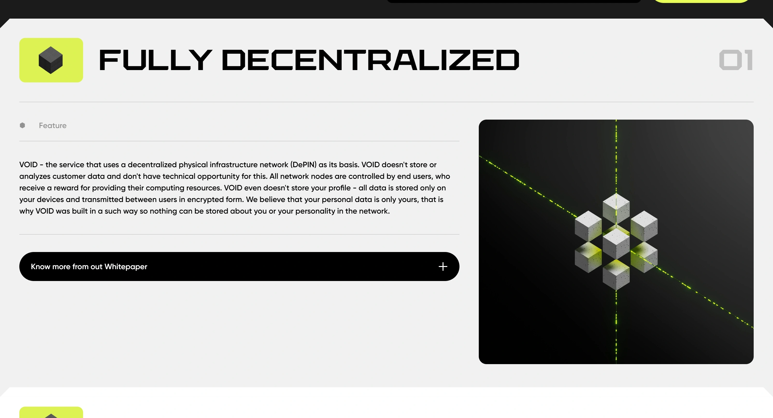 VOID Секция «О продукте» с сайта https://void.sbs/, тематика — SaaS, цвета — Белый, Черный, стиль — Брутализм, типографика — Без засечек, Декоративные