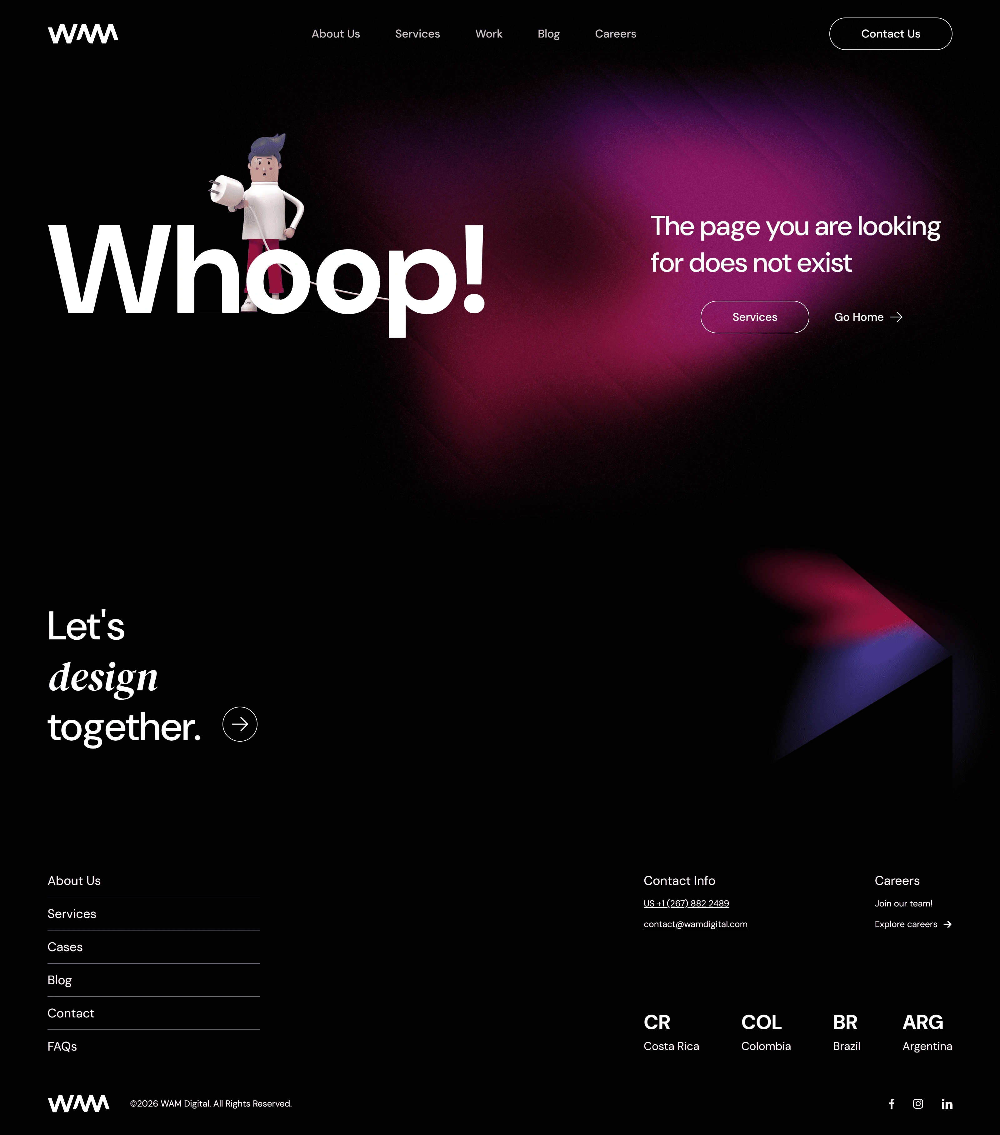 WAM Digital 404-страница WAM Digital, тематика — Агентство , цвета — Черный, стиль — Корпоративный, Минимализм, типографика — Без засечек, Декоративные