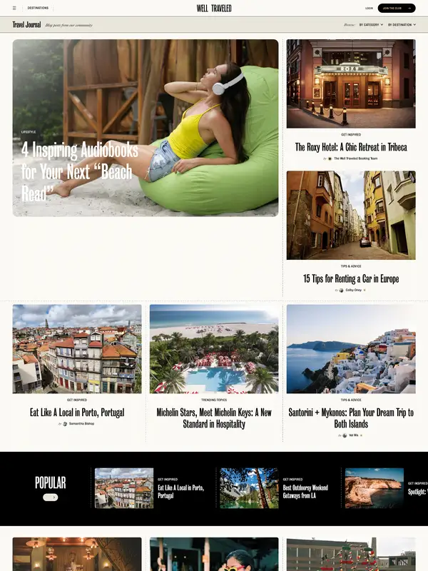 Блог Well Traveled, тематика — Путешествия и туризм, цвета — Белый, Черный, Серый, стиль — Классический, Карточный, типографика — Без засечек, Декоративные