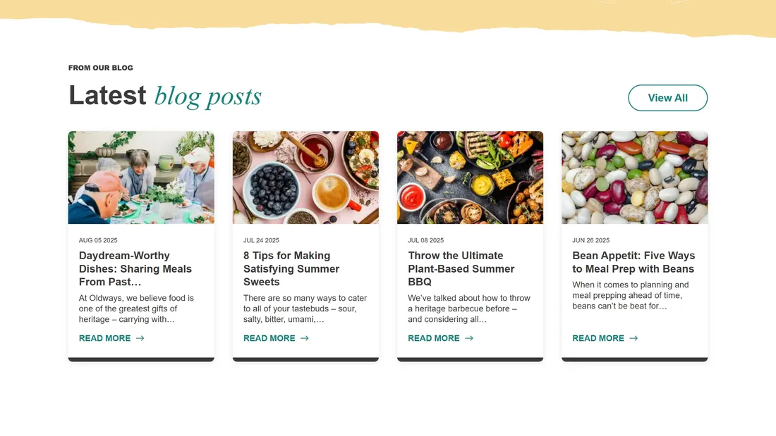 Секция «Блог» с сайта https://oldwayspt.org/, тематика — Еда и напитки, Путешествия и туризм, цвета — Белый, Серый, стиль — Корпоративный, Гранж, типографика — Без засечек