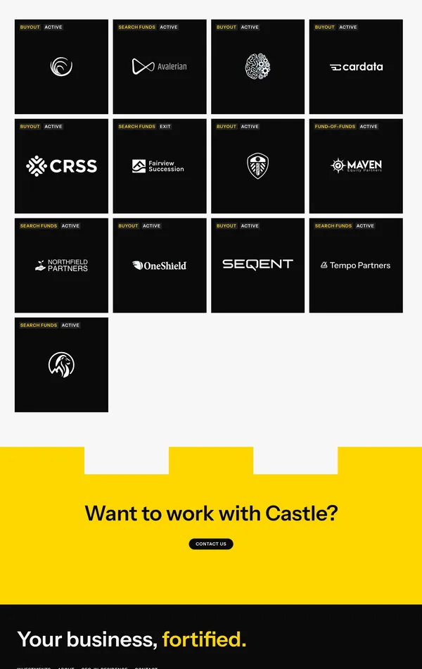 Секция «Партнеры» с сайта https://castle.holdings/, тематика — Финансы, цвета — Белый, Черный, Оранжевый, стиль — Корпоративный, Минимализм, типографика — Без засечек