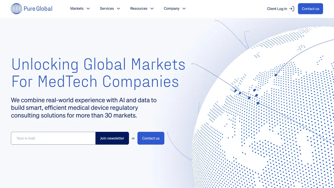 Секция «Первый экран» с сайта https://www.pureglobal.com/, тематика — Бизнес и профессиональные услуги, цвета — Белый, стиль — Корпоративный, типографика — Без засечек