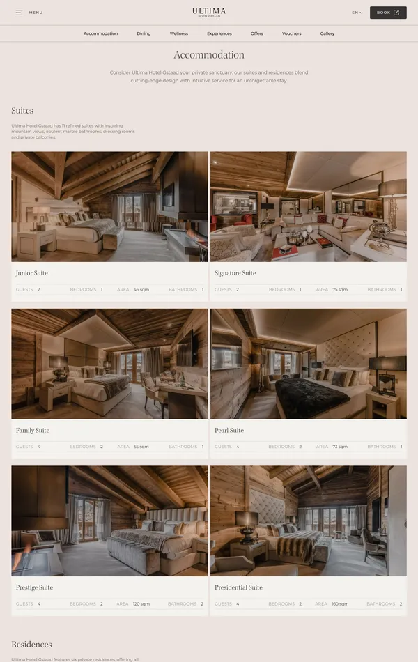 Каталог Ultima Hotel, тематика — Размещение, Путешествия и туризм, цвета — Белый, Серый, Коричневый, стиль — Корпоративный, типографика — Без засечек