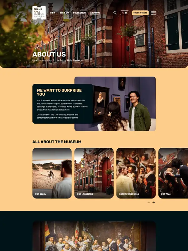 Главная Frans Hals Museum, тематика — Искусство, цвета — Черный, Серый, Коричневый, стиль — Классический, Карточный, типографика — С засечками, Без засечек