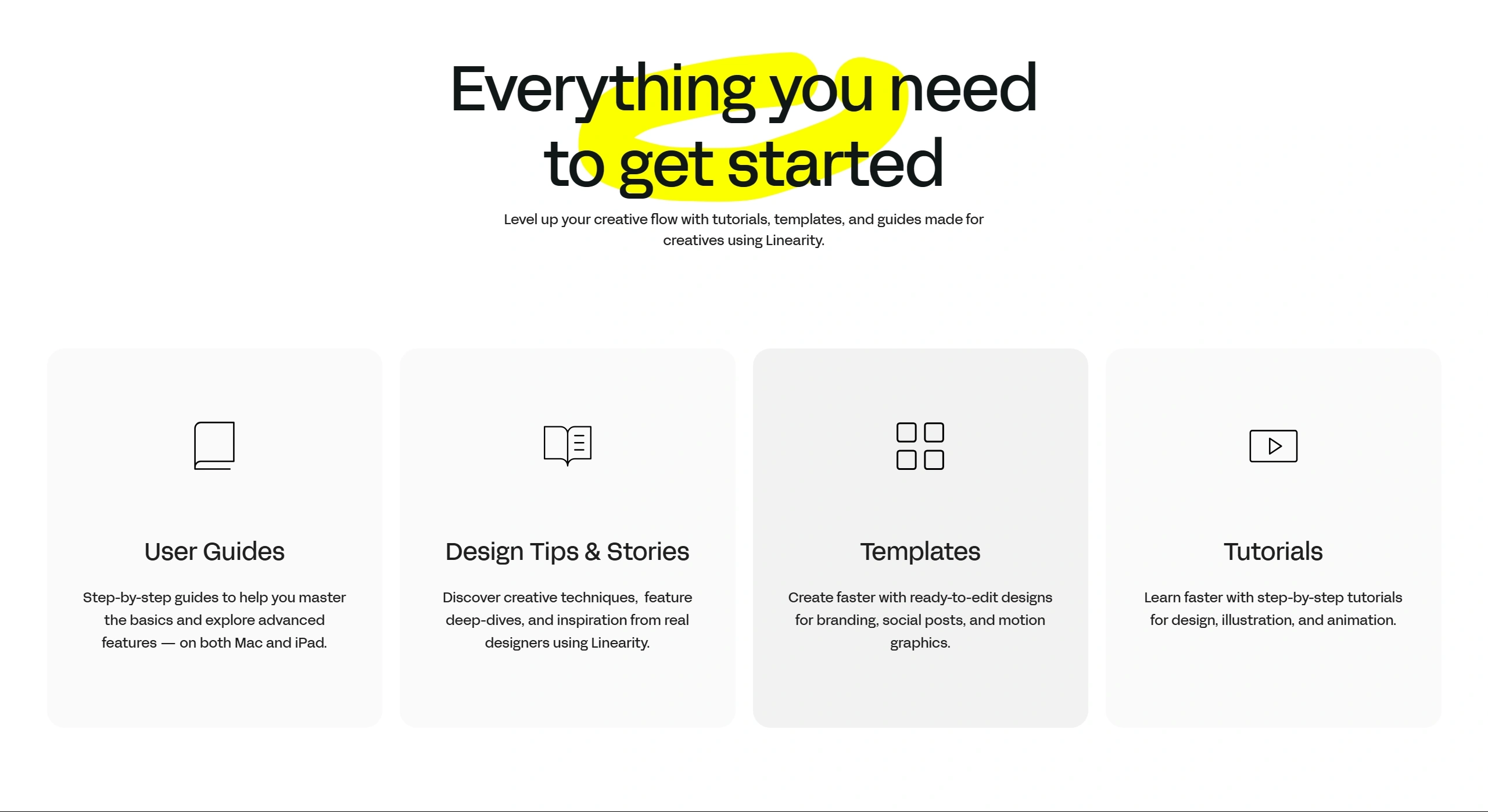 Linearity Секция «Помощь» с сайта https://www.linearity.io/, тематика — Дизайн, цвета — Белый, стиль — Корпоративный, Минимализм, типографика — Без засечек