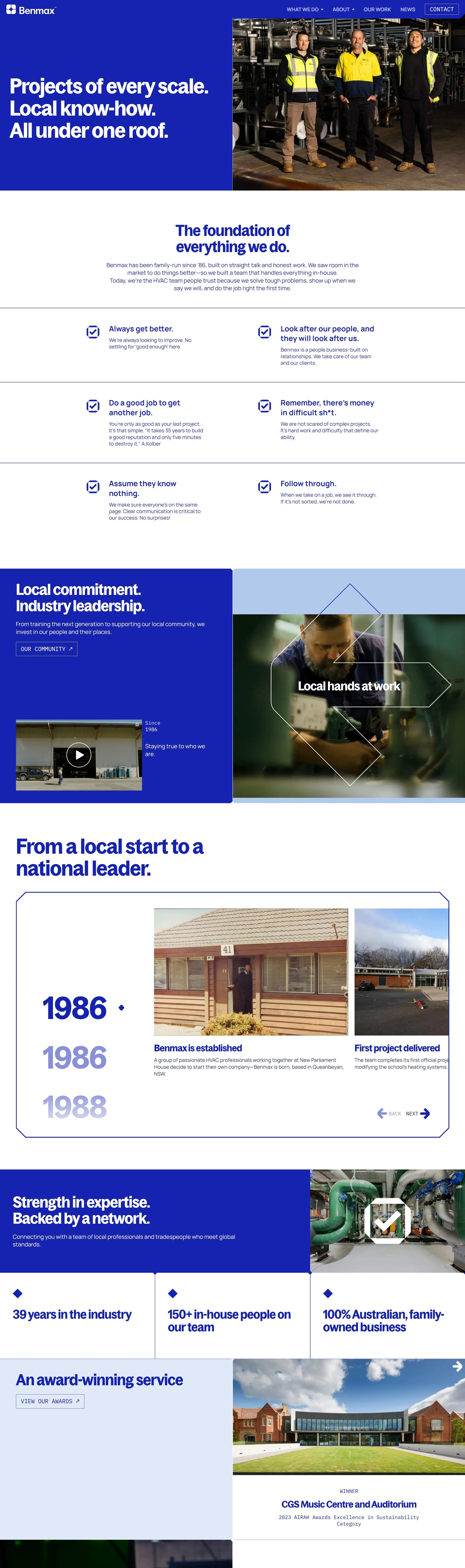 Benmax Страница о компании Benmax, тематика — Строительство, цвета — Белый, Черный, Серый, Синий, стиль — Корпоративный, типографика — Без засечек