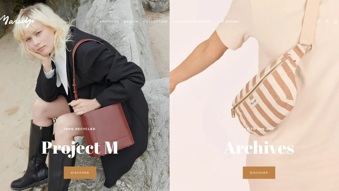 Секция «Первый экран» с сайта https://en.maradji.com/, тематика — Интернет-магазин, Одежда, цвета — Белый, Черный, Серый, стиль — Минимализм, типографика — Без засечек, Рукописные