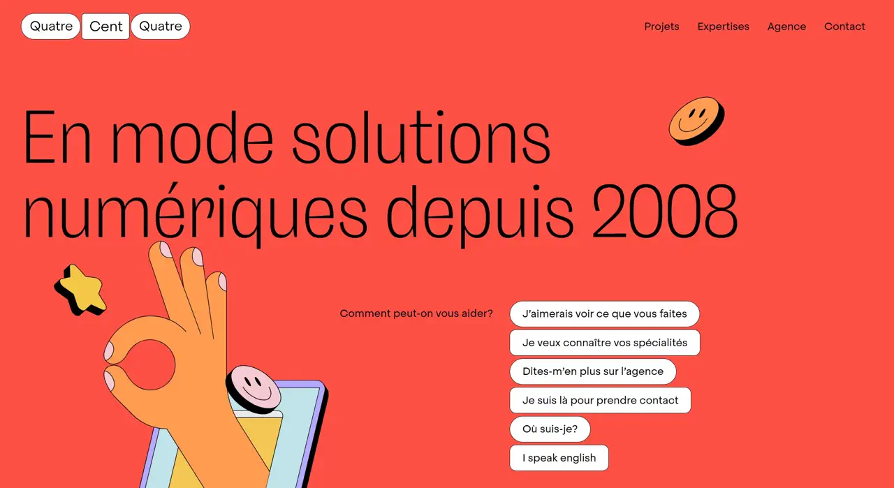 Секция «Первый экран» с сайта https://quatrecentquatre.com/, тематика — Агентство , цвета — Красный, стиль — Рисованный, Минимализм, типографика — Без засечек