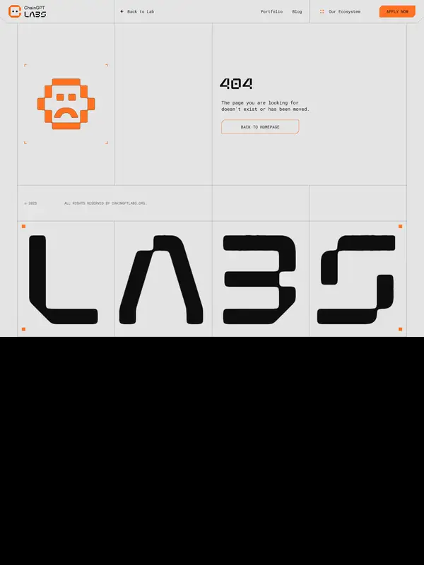404-страница ChainGPT Labs, тематика — Крипто  и блокчейн, цвета — Белый, стиль — Минимализм, Брутализм, типографика — Без засечек, Декоративные