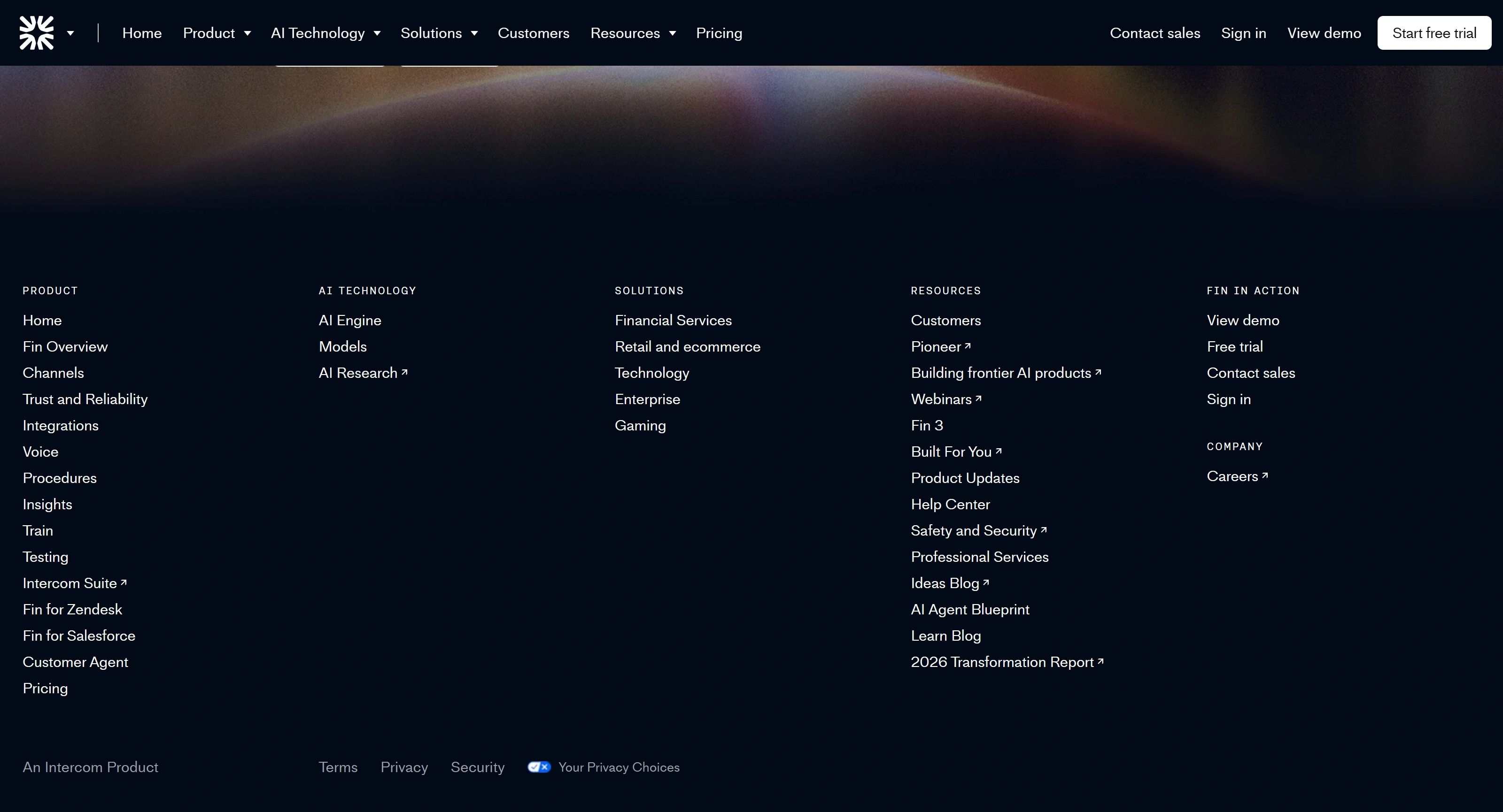 Fin Секция «Футер» с сайта https://fin.ai/, тематика — SaaS, цвета — Черный, стиль — Корпоративный, Минимализм, типографика — Без засечек