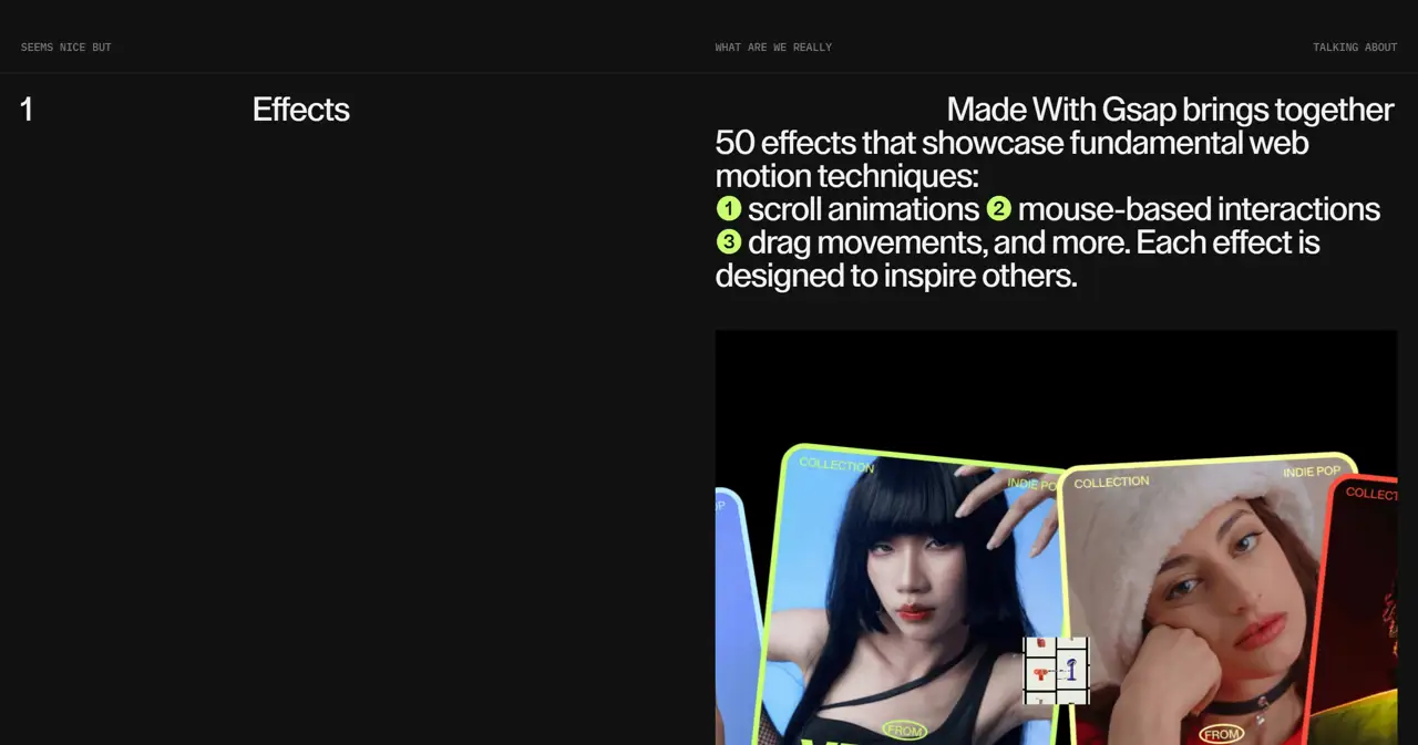 Секция «Контент» с сайта https://madewithgsap.com/, тематика — IT и программное обеспечение, цвета — Черный, Серый, стиль — Карточный, Брутализм, типографика — Без засечек, Декоративные