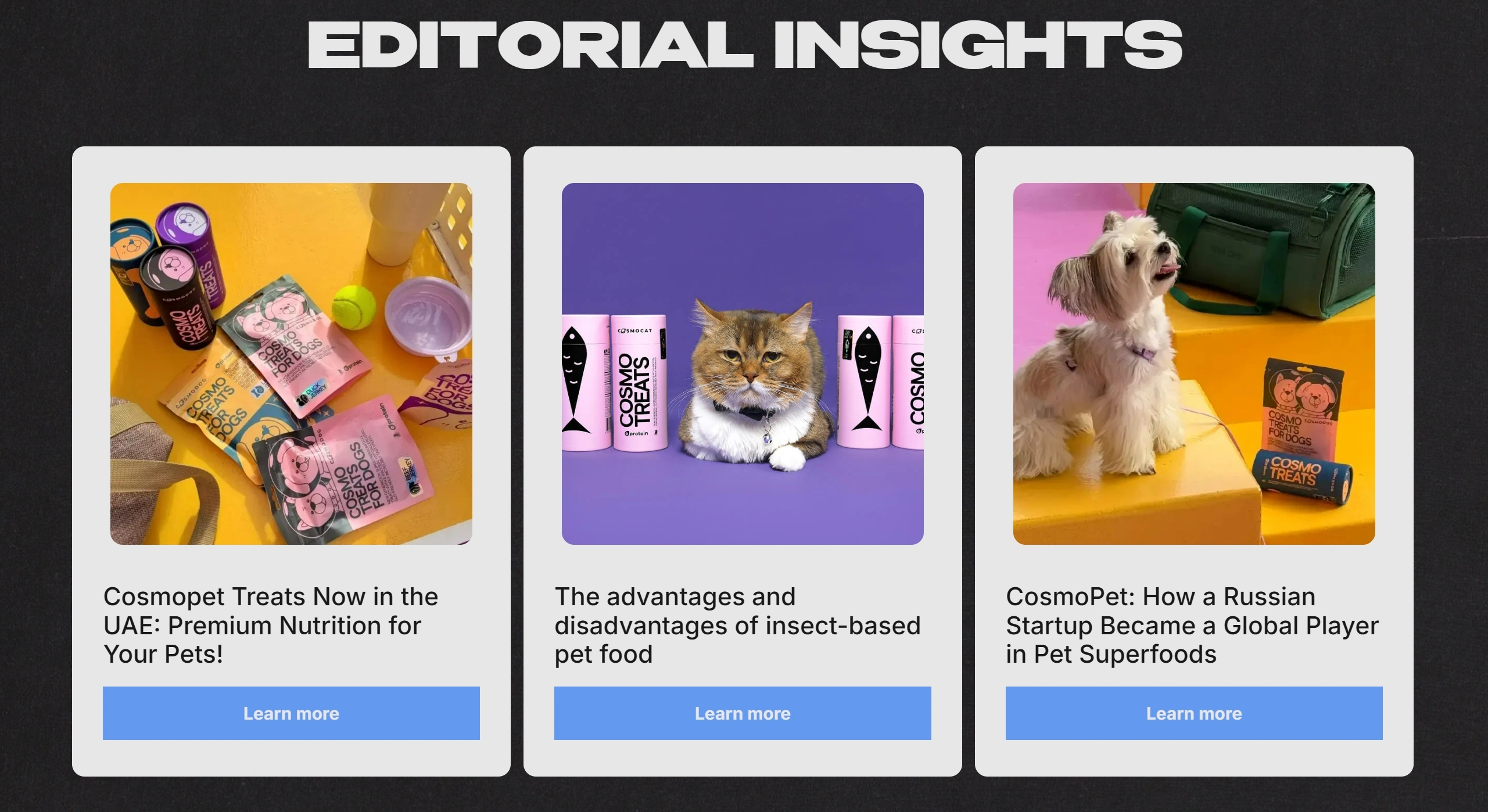 Cosmopet Секция «Контент» с сайта https://eprotein.ru/eng, тематика — Домашние животные, цвета — Белый, Черный, Серый, стиль — Брутализм, типографика — Без засечек