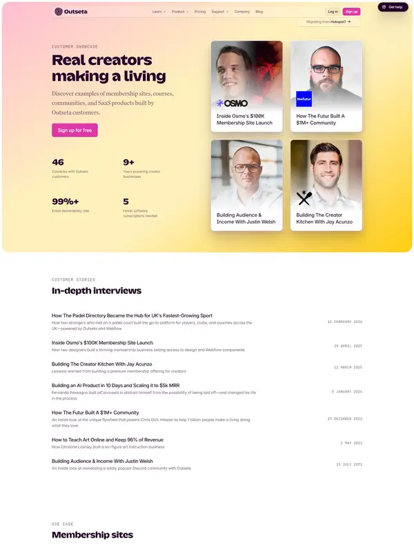 База знаний Outseta, тематика — SaaS, цвета — Белый, Серый, стиль — Карточный, Минимализм, типографика — Без засечек