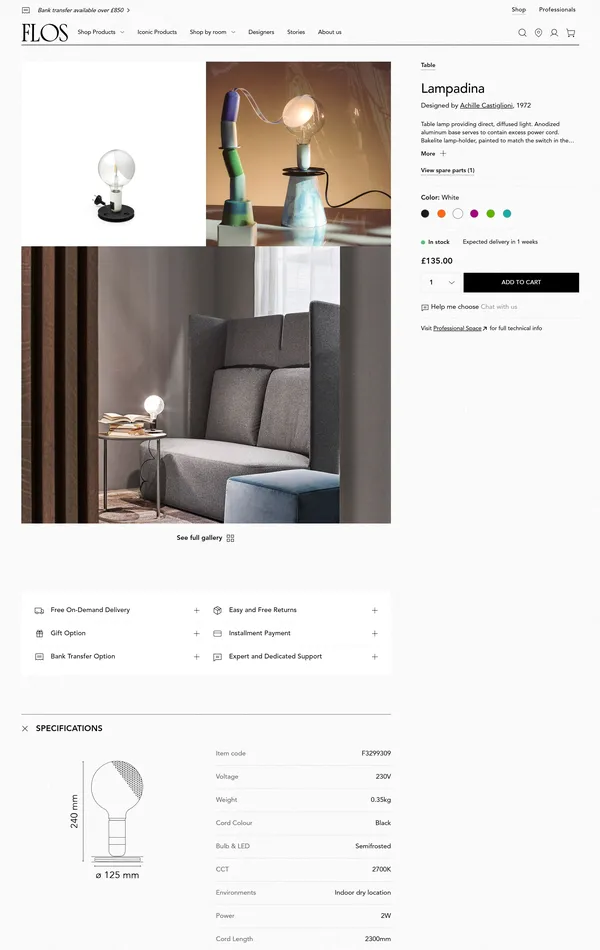 Продукт Flos, тематика — Интернет-магазин, цвета — Белый, Серый, стиль — Корпоративный, Минимализм, типографика — Без засечек