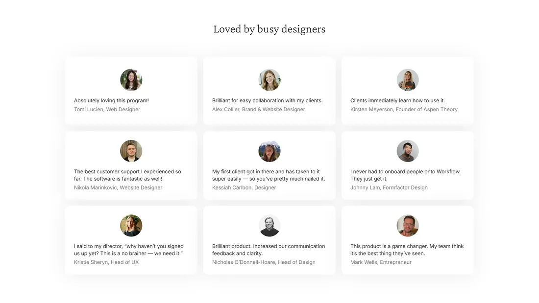 Секция «Команда» с сайта https://www.workflow.design/, тематика — Дизайн, цвета — Белый, стиль — Корпоративный, Минимализм, типографика — Без засечек